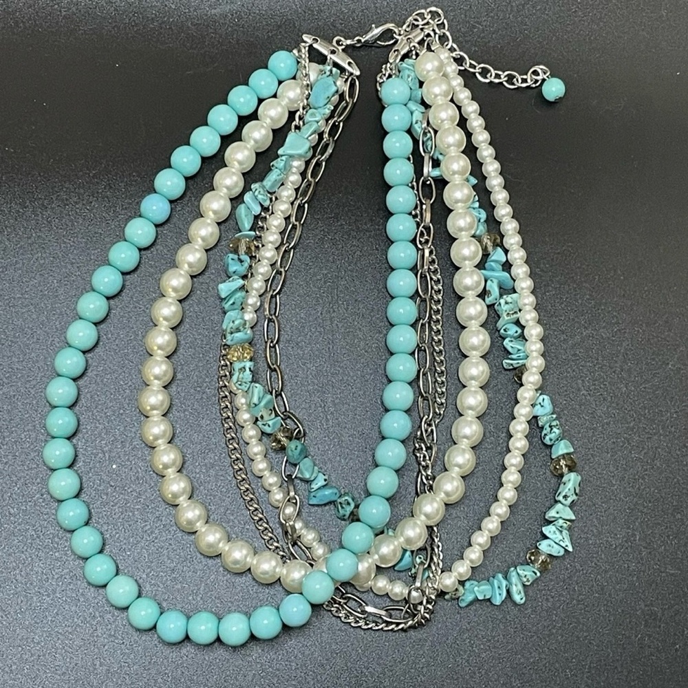 6 Strand Turquoise Faux Pearls & Silver Necklace 8-12” Adjustable Bead Necklace